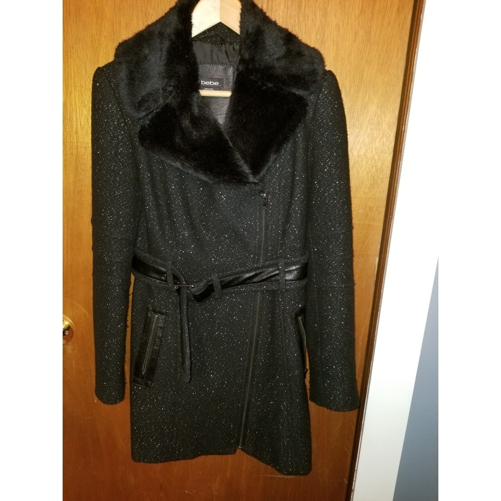 Bebe Black Tweed Belted Coat Size Small